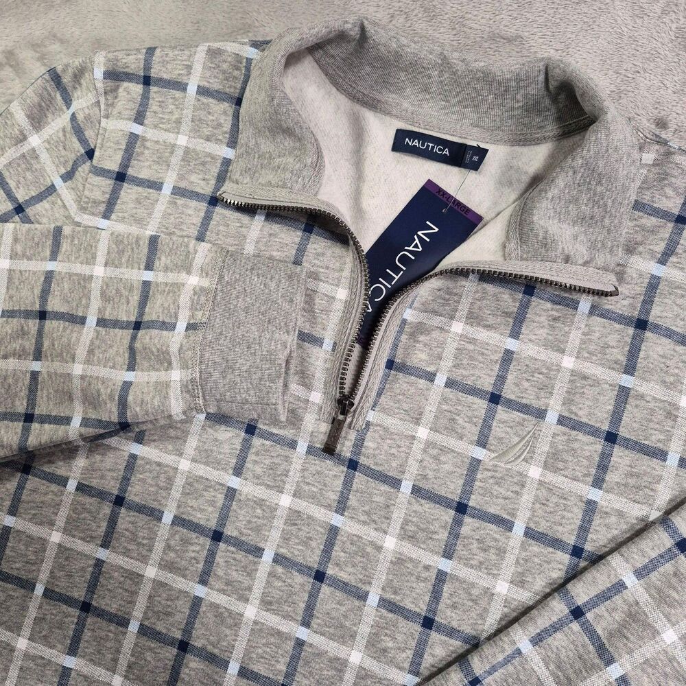 Nautica Sweatshirt Mens 2XL Gray Plaid 1/4 Zip Fleece Pullover Mock Neck Logo